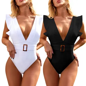 Ladymate ODM/OEM Maillots De Bain Một Mảnh Áo Tắm Đồ Bơi Nữ Ruffle Plunging Backless V Cổ Lướt Sóng Bikini Beachwear