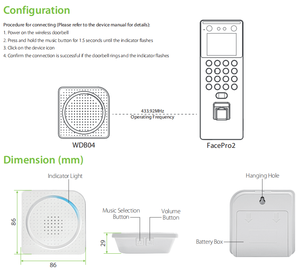 Sonnette sans fil et interphone, terminal de pointage des heures avec reconnaissance faciale/empreintes digitales/carte RFID, avec TCP/IP et dispositif de contrôle d'accès - Product Image 4