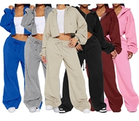 Ensemble 2 pièces Y2K pour femme : sweat à capuche court zippé couleur unie et pantalon de survêtement large – Tenue décontractée et sportive