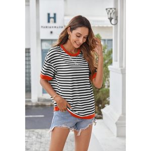 FOXA Womens Striped T Shirt Short Sleeve Crewneck Loose Fit Summer <b>Top</b> 100% Cotton Knitted Casual Wear - Product Image 4
