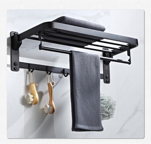 Wall Mounted Black Stainless Steel Towel Rack with <b>Shelf</b> and Hooks 60cm Minimalist Bathroom Organizer Fixed Towel Holder - Product Image 2