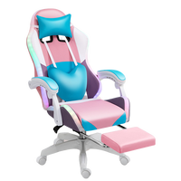 Chaise de jeu LED avec bande lumineuse RGB rose et bleue, style racing, ergonomique, inclinable, avec repose-pieds, appui-tête, support lombaire et base pivotante