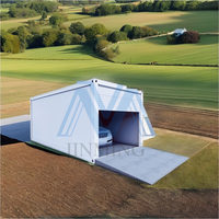 Entrepôt design moderne préfabriqué avec cadre en acier, garage pliable et étendu avec petit conteneur, abri d'auto pour appartements