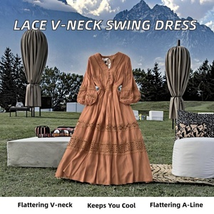 White Solid Lace Embroidered V-neck Long Sleeve Casual Spring Autumn Women's Maxi Dress with Belt Woven <b>Big</b> Swing Skirt - Product Image 2