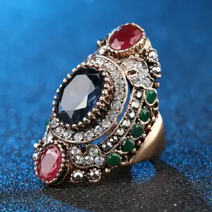 Sıcak kırmızı Vintage yüzükler kadınlar için egzotik büyük mavi kristal yüzük moda türkiye takı zarif yüzük Festival hediye için