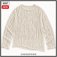 Pulls unis pour hommes, blanc cassé, semi-transparents, à rayures verticales, tricotés au crochet, à manches longues, col rond, fabricant