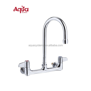 Robinet de cuisine industriel à double poignée en laiton chromé, à montage sur plan, avec bec pivotant - Product Image 2