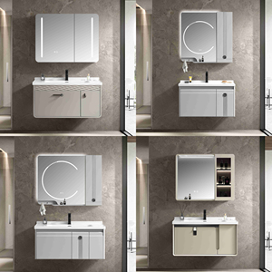 Mueble de Baño Flotante de PVC Gris Oscuro sin Tiradores con Doble Cajón y Espejo Redondo con Retroiluminación LED para Hogar y Hotel - Product Image 3
