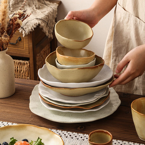 Service de vaisselle en céramique <span class=keywords><strong>vintage</strong></span> avec assiettes à bords ondulés, bols, tasses, vert menthe beige gaufré mat pour restaurant et café à la maison - Product Image 3