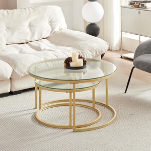 SENYU Ensemble de 2 tables basses rondes avec plateau en verre et structure en laiton, mobilier de salon contemporain, style design moderne - Product Image 3