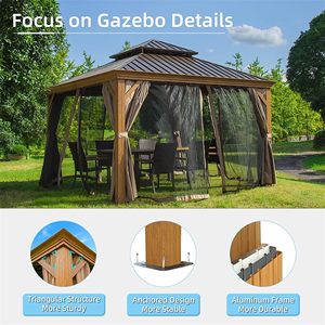 Pérgola de Metal com Estrutura de Alumínio Revestido em Madeira de Alta Qualidade, Gazebo Impermeável para Exterior com Cortinas e Tela - Product Image 4