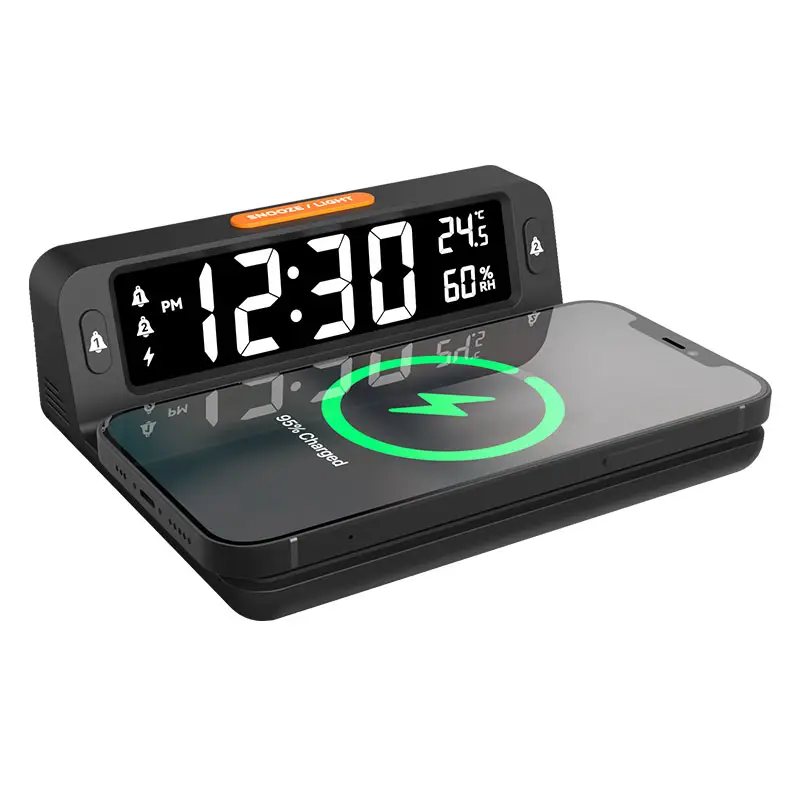 EMAF 2023 new 15W Qi wireless charging alarm clock wireless charger temperature humidity dual alarm set bedstand digital clock