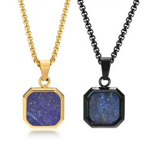 Joyería de moda para hombre, colgante de piedra turquesa cuadrada de eslabones de acero inoxidable chapado en oro de 18 quilates, collar de abalorios de concha acrílica - Product Image 1