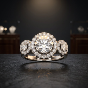 Bague de fiançailles à trois pierres avec halo de diamants cultivés en laboratoire certifiés IGI, plaquée rhodium, or 10K 14K 18K, argent 925 935, cadeau de mariage - Product Image 1