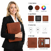Porte-documents A4 en cuir avec fermeture éclair et poignée, classeur à 4 anneaux, calculatrice, sac à documents professionnel en cuir PU ciré de qualité supérieure, avec logo personnalisé