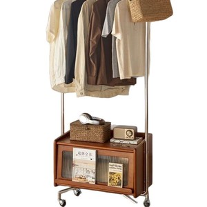 Retro Solid Wood Coat Rack Scandinavian Style Movable Floor Standing Multi Functional Entryway Storage With Wheels Oak Color - Product Image 5