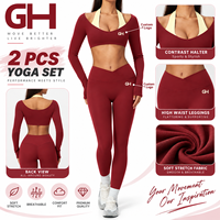 Ensemble de yoga 2 pièces GH avec logo personnalisé, brossé, style licou superposé, coupe ajustée, effet ventre plat et rehaussement des fesses, pour course en extérieur, sport et fitness