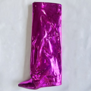Bright Patent Overlay Knee High <b>Boots</b> Women Metallic Wedge Heels Shoes Folded Over Upper Pointed Toe Gold Booties - Product Image 1