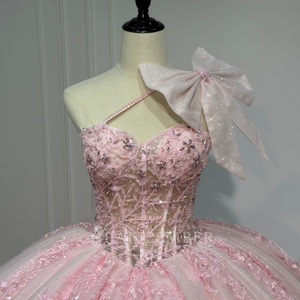 XS301 Stylish One Shoulder Bow Pink <b>Ruffle</b> Quinceanera <b>Dresses</b> Beading Appliques Crystal Print Floor-Length Ball Gown Natural - Product Image 5