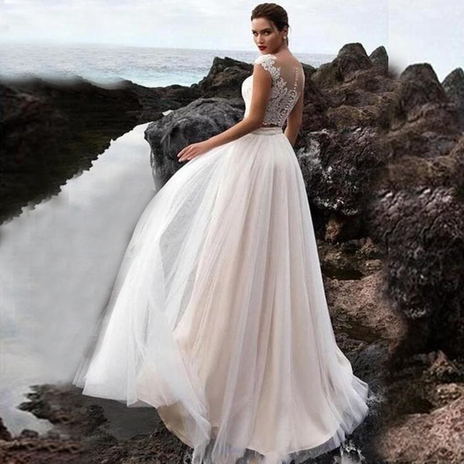 Sexy White Tulli Lace Two Piece Beach Wedding Dress - Elegant Lace Beach  Gown for Your Special Day