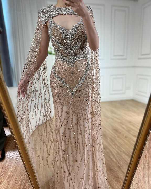 Nude O-neck Long Sleeves Cold Shoulder Evening Dresses Mermaid Beaded Party Gowns For Women LA72008