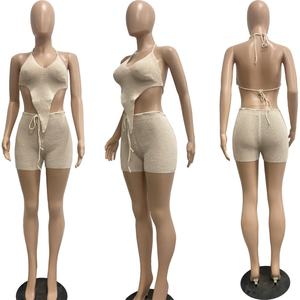 Viviblook C321ST Knit Solid Print Outfits Beach Irregular Tube Top con pantalones cortos Elegante conjunto de 2 piezas Mujer Verano - Product Image 3
