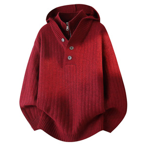 Pull tricoté à capuche pour homme, double couche, demi-zip, avec patte de boutonnage, style mode - Product Image 3
