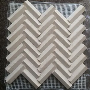 Ubin lantai dan dinding mosaik Herringbone batu krem Domino marmer