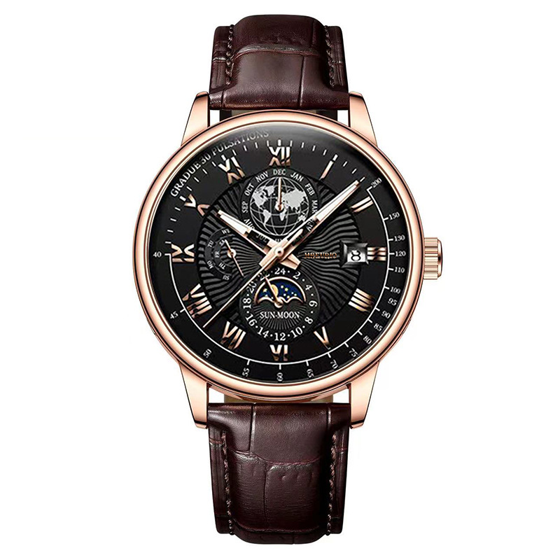 Cadran noir-boîtier en or rose-bracelet marron-ps2512-376-02