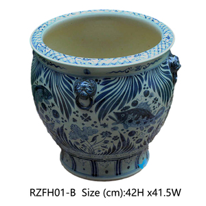 Pots en porcelaine bleu et blanc Antique RZFH01-B poisson motif algues tête de Lion poignée grands Pots en céramique jardinière - Product Image 6