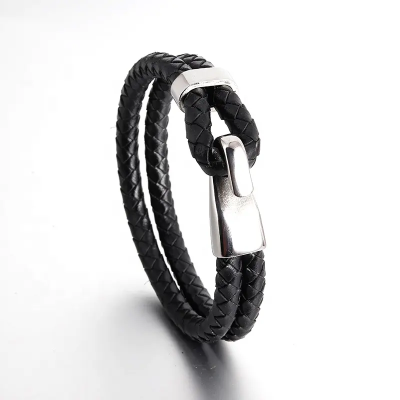 Wholesale Mixed Braided Multilayer Genuine Cuff Wrap Adjustable Leather Bracelets For Men With 316 Steel Hook