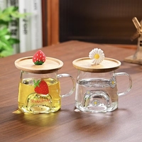 Tasse à boire en verre résistant à la chaleur avec couvercle en bois en forme de fruit, mugs en verre de forme de dessin animé, tasse à café en verre