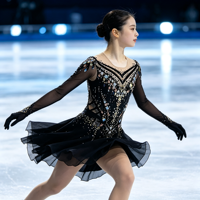 Robe de patinage artistique de luxe noire en maille, manches longues, col en V, avec strass, jupe de danse sur glace pour filles et femmes, tenue de compétition