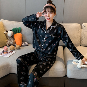 Venta al por mayor Piyamas Unisex Pijamas de manga larga Pijamas de seda de imitación Hombre Homewear Mujeres Pareja <span class=keywords><strong>Pijama</strong></span> Conjunto de dos piezas - Product Image 5