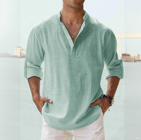 T-shirt à manches longues en lin à col montant, coupe ample, pour homme, tailles S-5XL, couleur unie, chemise en coton et lin à manches longues
