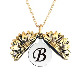 Ywganggu offene Sonnenblumen-Buchstabe individueller Anhänger Mode-Schmuck-Halsketten Edelstahl Gravur Initialbuchstaben-Halskette