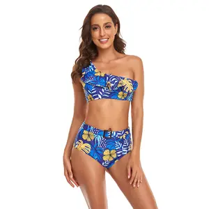 Custom Logo Printing Girl Beach Swim Fashion Bikini Two Piece Swimsuit 2022 One Shoulder Fitness Swimwear Sleeveless