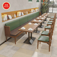 Banc de restaurant en cuir et bois pour café, fast-food, espace commercial, avec table et chaises intégrées