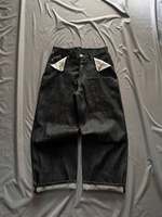 Celana Jeans Denim Kasual Pria Model Raw Denim, Kancing Depan, Kantong Kontras, Kaki Lebar, Fit Longgar, Gaya Vintage