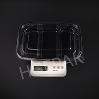 Emballage alimentaire jetable écologique en plastique PET RPET rectangulaire à 3 compartiments de 50 oz, base noire, couvercle transparent, boîte à salade