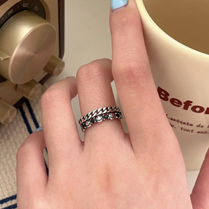 Silver Ruitai S925 Sterling Silver Double Layer Smiley Face <b>Open</b> <b>Ring</b> For Women Hip Hop Style Jewelry Gift - Product Image 1