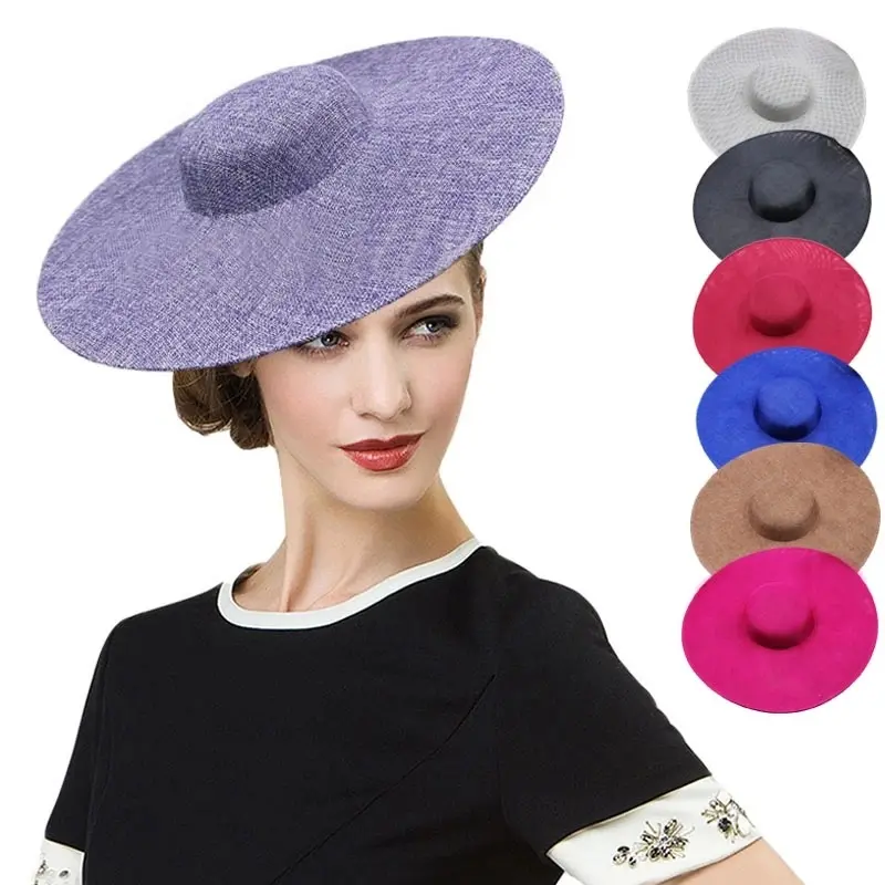 Sombreros grandes redondos de 37,5 cm para mujer, tocado con base en accesorios para el cabello, material de sinamay de imitación, tocado para fiesta de boda