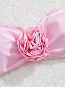 2026 Set Bikini Bandeau 2 potong warna polos merah muda menawan baru lengan panjang untuk wanita pakaian renang pantai pakaian liburan bunga 3D - Product Image 6