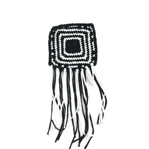 handmade black and white crochet square motif with fringe handmade applique clothing and garment accessories