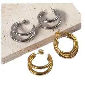 wholesale stainless steel 3 wire half hoop 25mm 30mm gold earrings jewelry for women men China manufacturer factory supplier