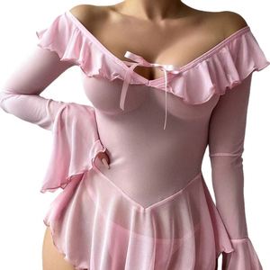 European American Sexy See-Through Mesh Ruffles <b>Dress</b> Off-Shoulder Pure Desire Style <b>Bell</b> <b>Sleeve</b> - Product Image 5