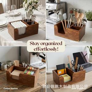 Wooden Desktop Organizer Box Square <b>Solid</b> <b>Wood</b> Office Stationery Storage With Compartments For <b>Desk</b> Use - Product Image 5
