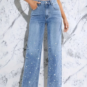 <span class=keywords><strong>Jean</strong></span> en denim pour <span class=keywords><strong>femme</strong></span> à jambe droite orné de perles, respirant, délavé foncé, de luxe, coupe décontractée ample - Product Image 5