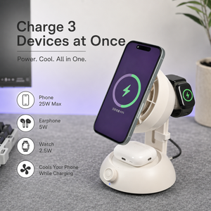 แท่นชาร์จไร้สาย 25W 3-in-1 พร้อมพัดลมในตัว ชาร์จเร็วสำหรับโทรศัพท์ นาฬิกา และหูฟัง ปรับแรงลมได้ - Product Image 4