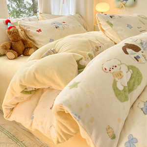 Set Sprei & Bedcover 4in1 Motif Beruang Kartun, Bahan Milk Velvet Tebal, Cetak Digital, untuk Anak Perempuan - Product Image 5